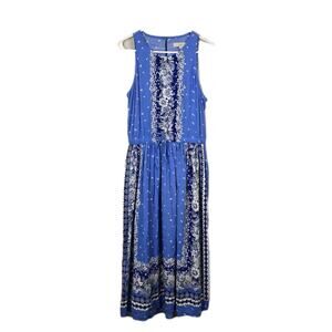 Ann Taylor LOFT Midi Blue Floral Open Back Dress LARGE Cottage Boho Peasant